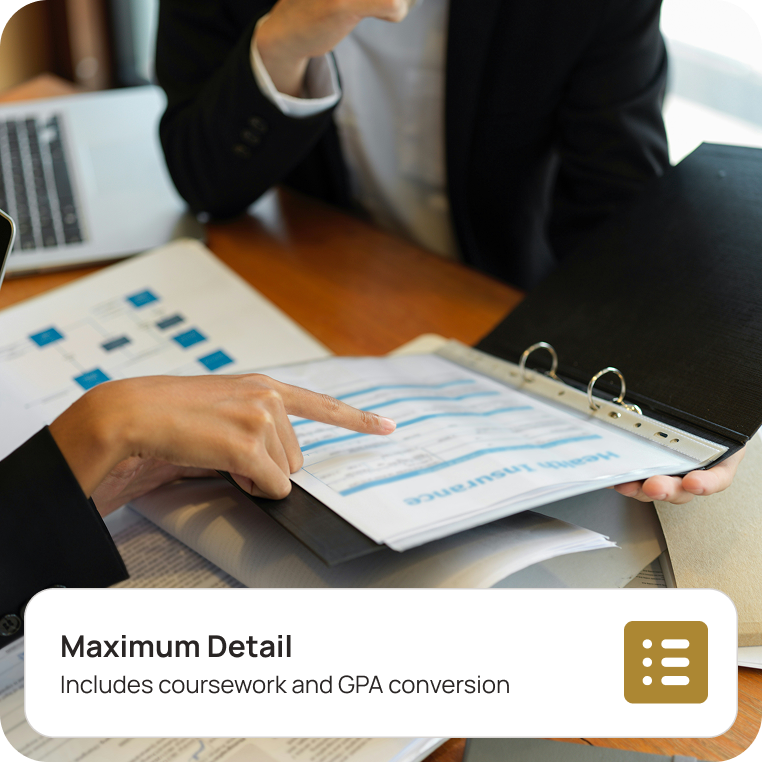 Detailed report including courses, credits, grades, and GPA conversion.